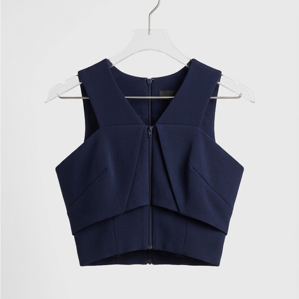 Badgley Mischka Navy Blue Structured Crop Vest Zip Front Cropped Top